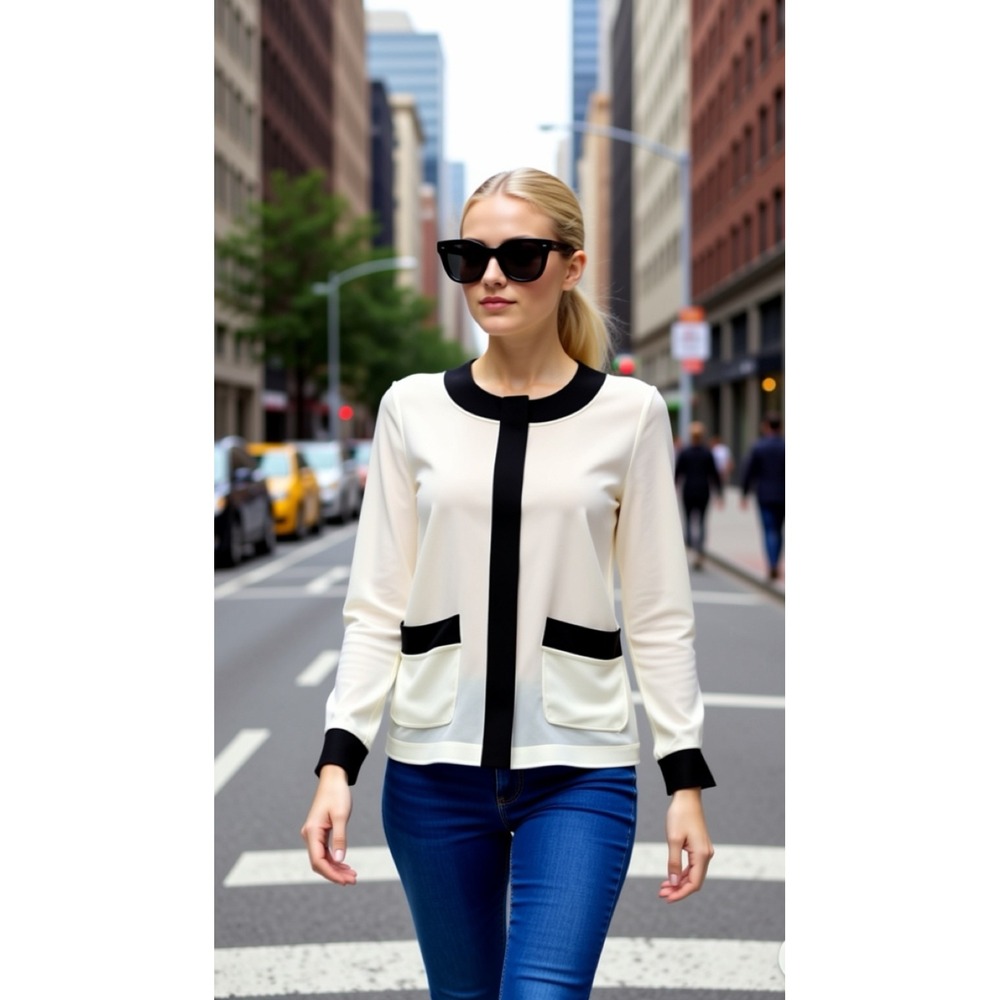 Joe Fresh White Black Button Down Elegant Classy Long Sleeve‎ Silk Blouse L